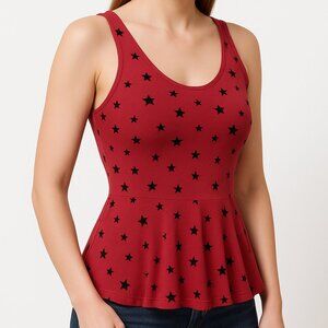 Express Red Peplum Tank Top XS – Black Star Print, Casual Sleeveless Blouse